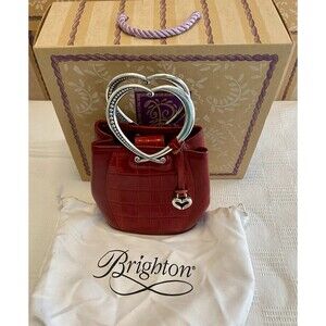 Red Croc Embossed Leather Brighton HEARTS Mini Bucket Bag Charm Box Dust Bag